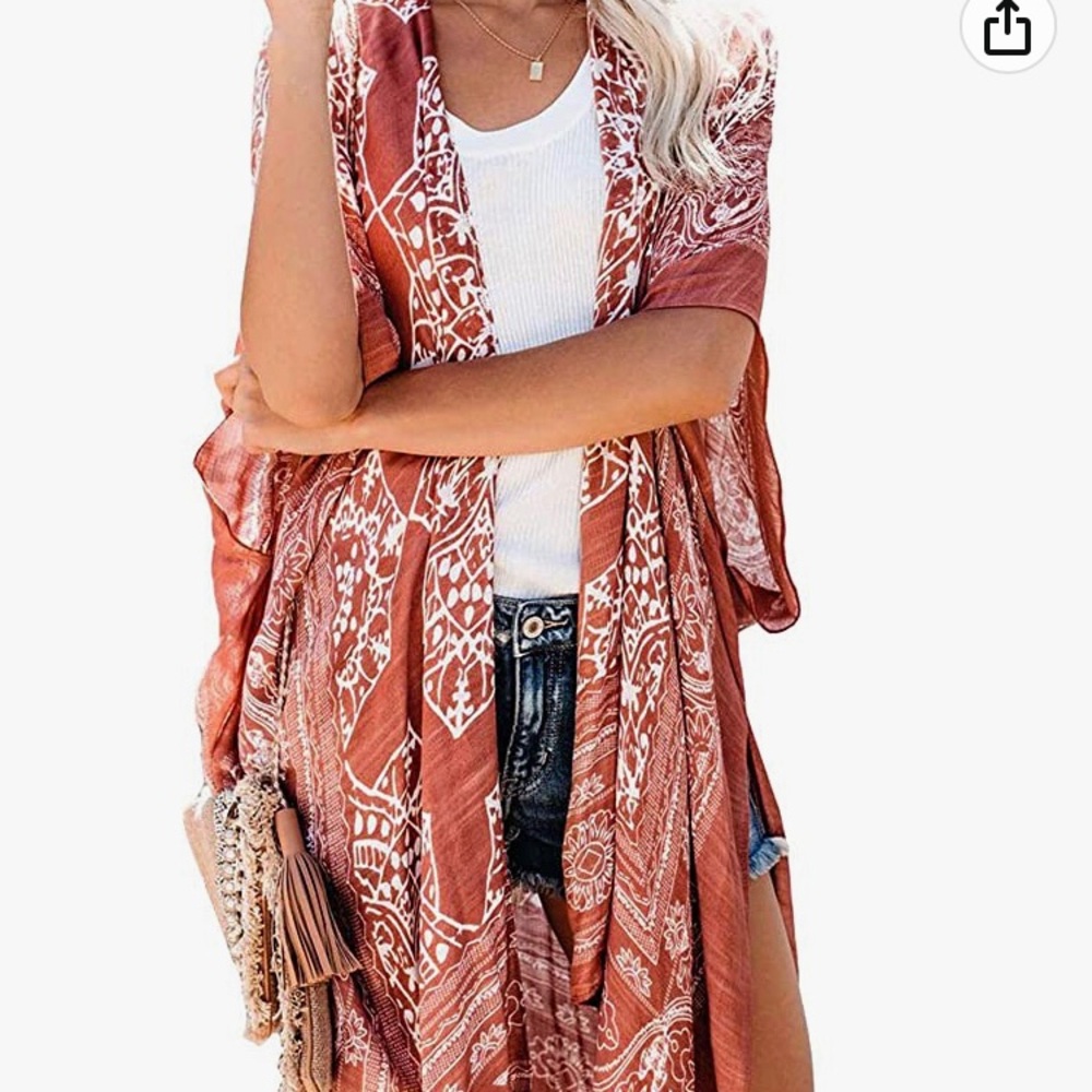 Rooted Soul boho kimono swimwear cover or shawl in red paisley-patterned